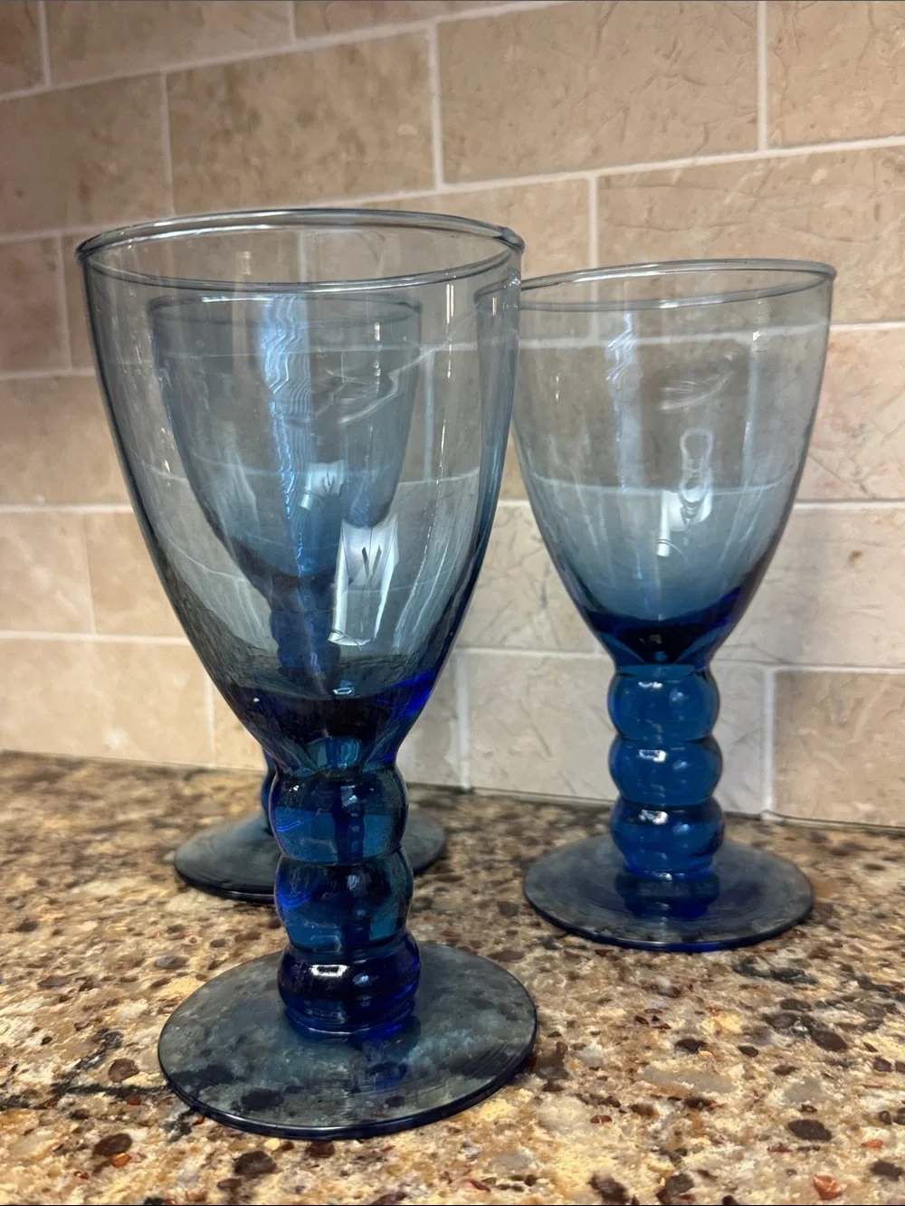 Vintage 90s Cobalt Blue Bubble Stemmed Wine Glasses - Postmodern Memphis Style